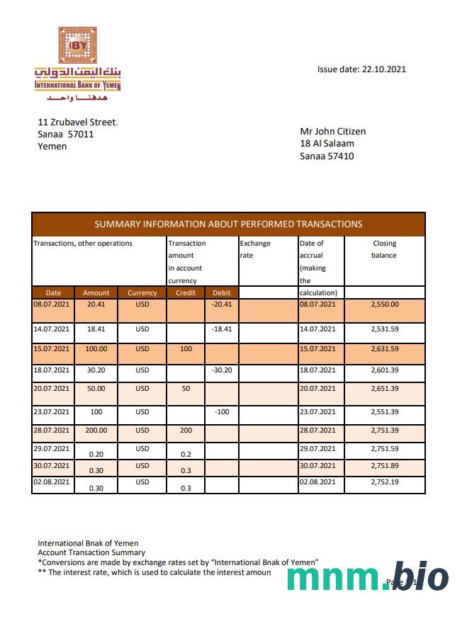 Wyciąg z banku mieszkaniowego w Jemenie, szablon Excel i PDF